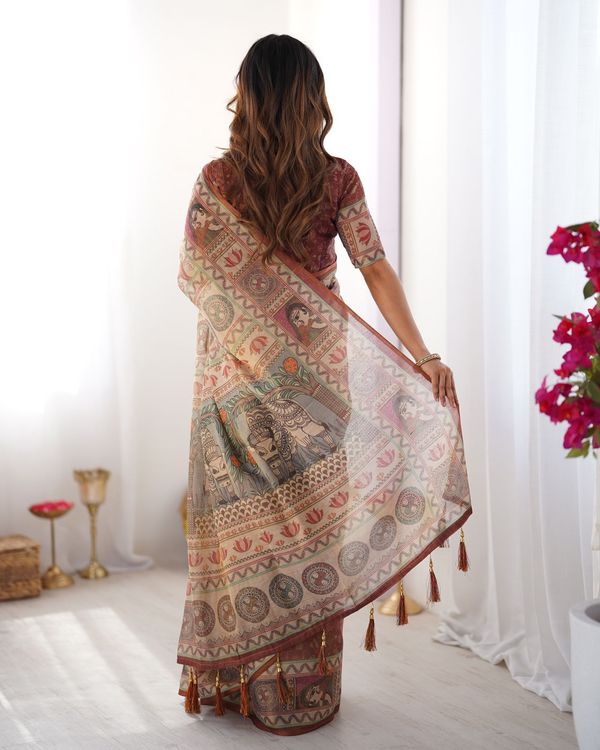 Varnavi Heritage Beige Printed Cotton Linen Saree