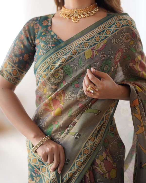 Varnavi Olive Grey Folk Art Handloom Cotton Saree