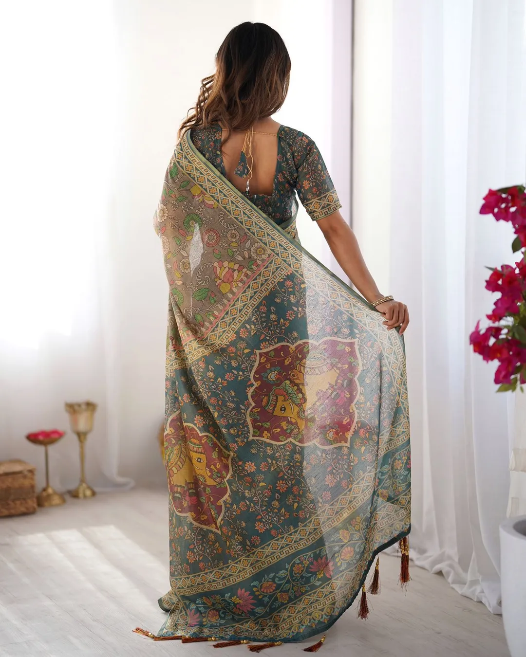 Varnavi Olive Grey Folk Art Handloom Cotton Saree