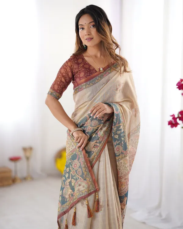 Varnavi Beige Teal Heritage Art Handloom Linen Saree
