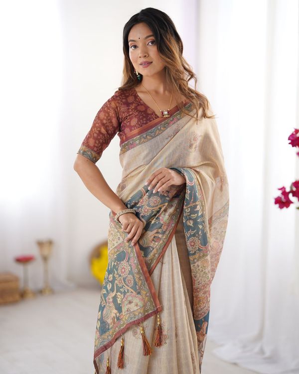 Varnavi Beige Teal Heritage Art Handloom Linen Saree