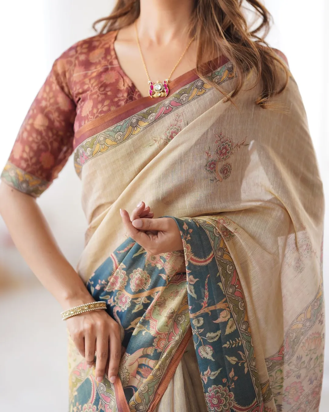 Varnavi Beige Teal Heritage Art Handloom Linen Saree