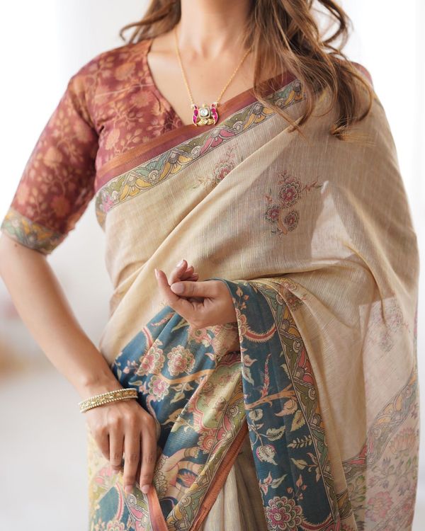 Varnavi Beige Teal Heritage Art Handloom Linen Saree