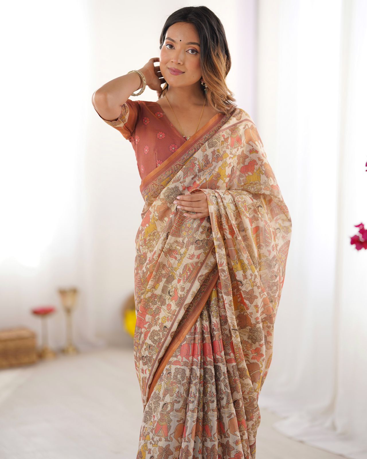 Beige linen saree