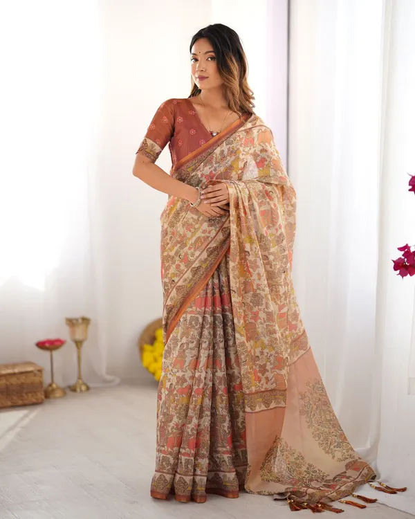 Ethnic Beige Cotton Linen Saree with Village Art Design