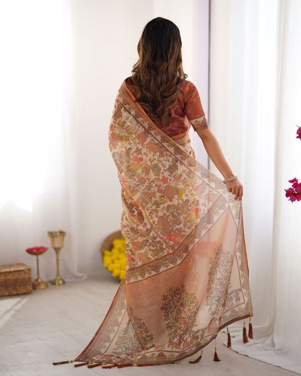 Ethnic Beige Cotton Linen Saree with Village Art Design