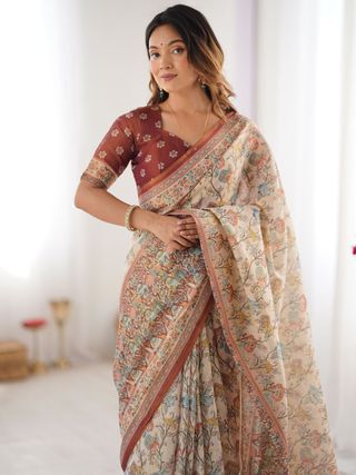 Premium Beige Cotton Handloom Saree with Maroon Ethnic Border and Heritage Printed Pallu
