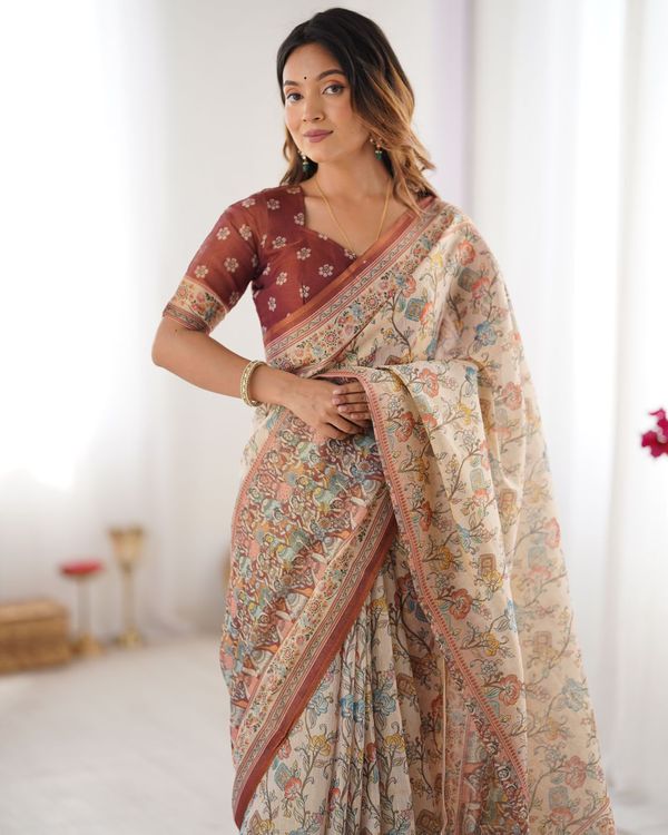 Premium Beige Cotton Handloom Saree with Maroon Ethnic Border and Heritage Printed Pallu