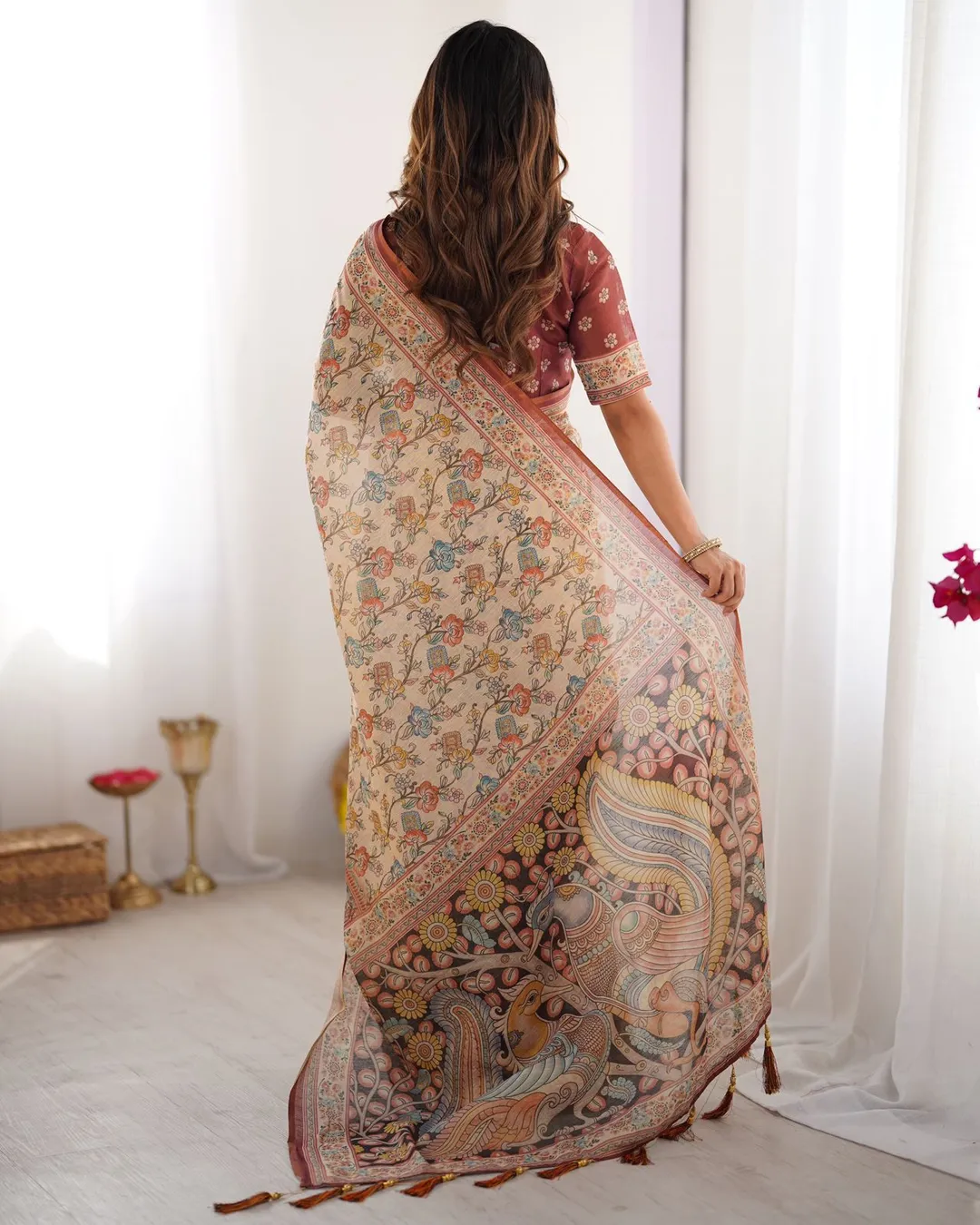 Premium Beige Cotton Handloom Saree with Maroon Ethnic Border and Heritage Printed Pallu