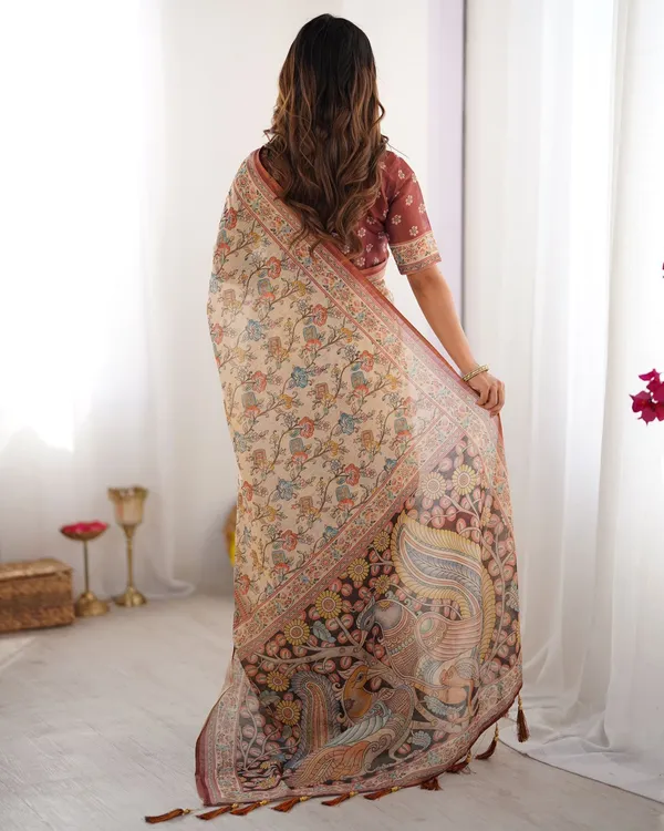 Premium Beige Cotton Handloom Saree with Maroon Ethnic Border and Heritage Printed Pallu
