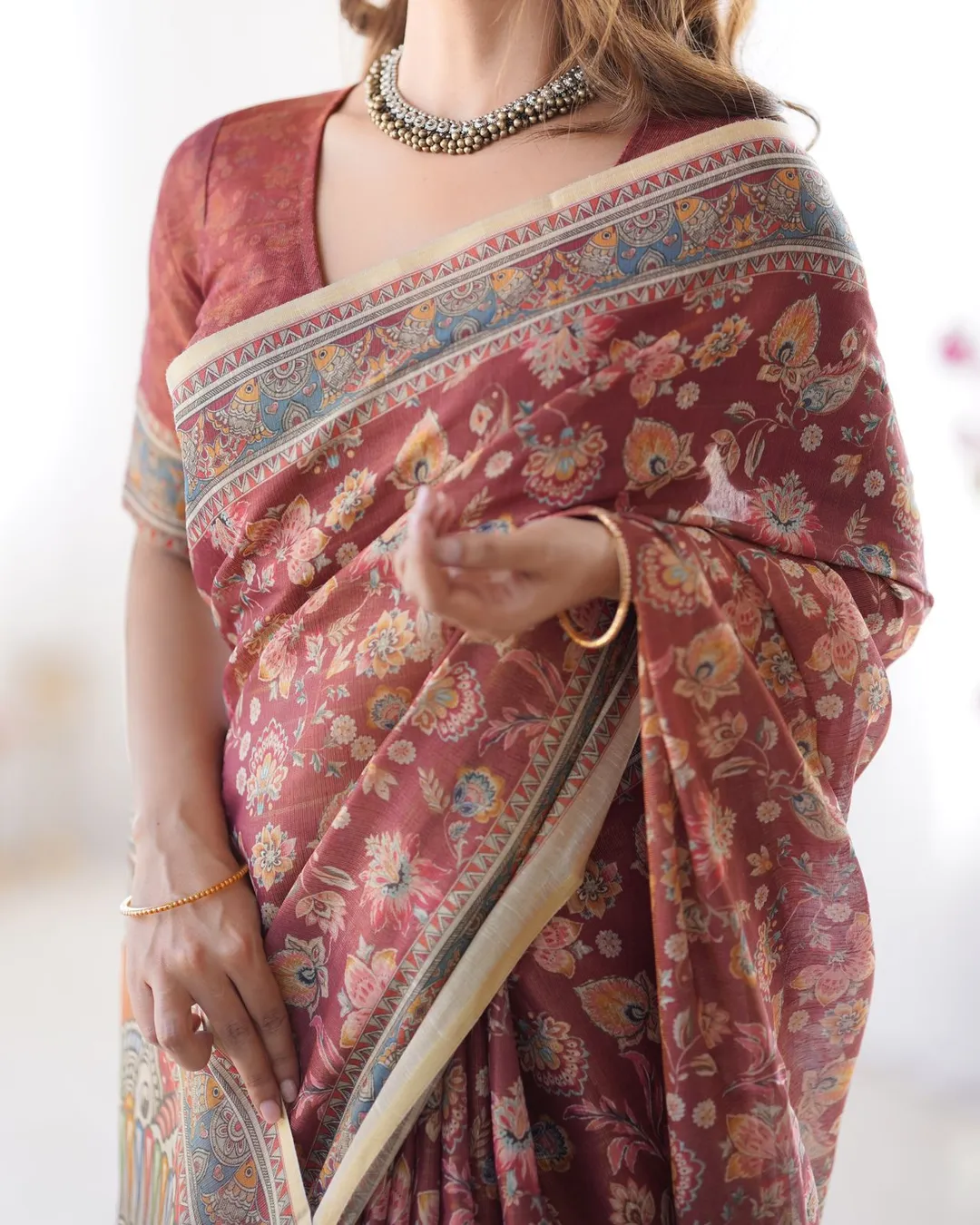 Rust Maroon Handloom Cotton Saree with Floral Print and Traditional