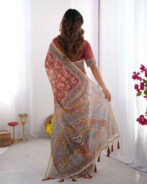 Rust Maroon Handloom Cotton Saree with Floral Print and Traditional