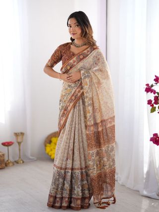 Classic Beige & Coffee Brown Printed Cotton Saree