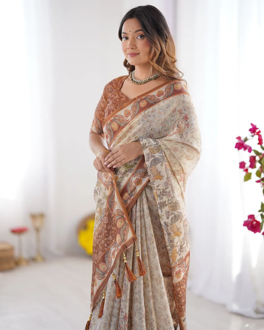 Classic Beige & Coffee Brown Printed Cotton Saree