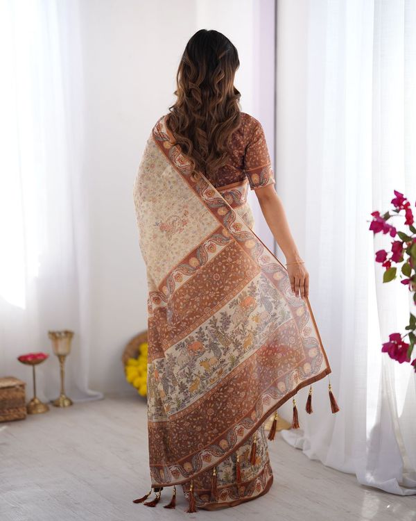 Classic Beige & Coffee Brown Printed Cotton Saree