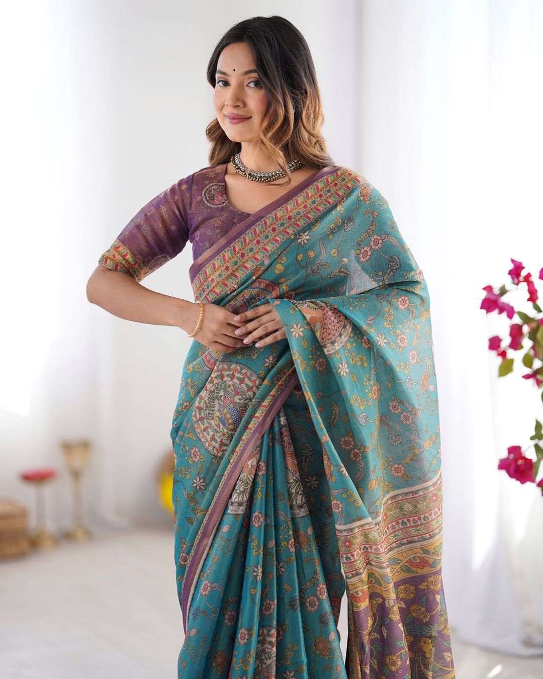 Teal Blue Handloom Cotton Saree with Purple Border & Heritage Pallu