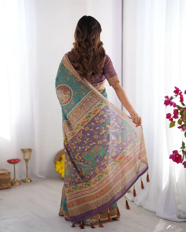 Teal Blue Handloom Cotton Saree with Purple Border & Heritage Pallu
