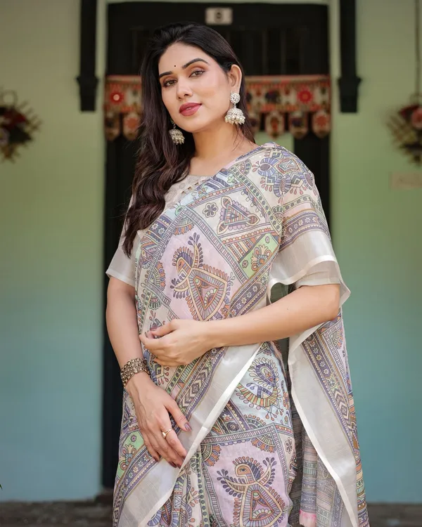 Pure Linen Beige Saree with Artistic Print & Designer Pallu