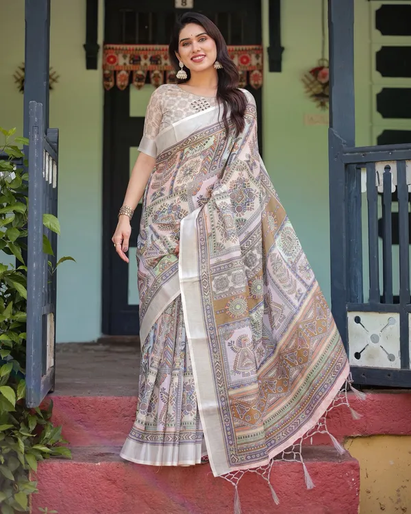Pure Linen Beige Saree with Artistic Print & Designer Pallu
