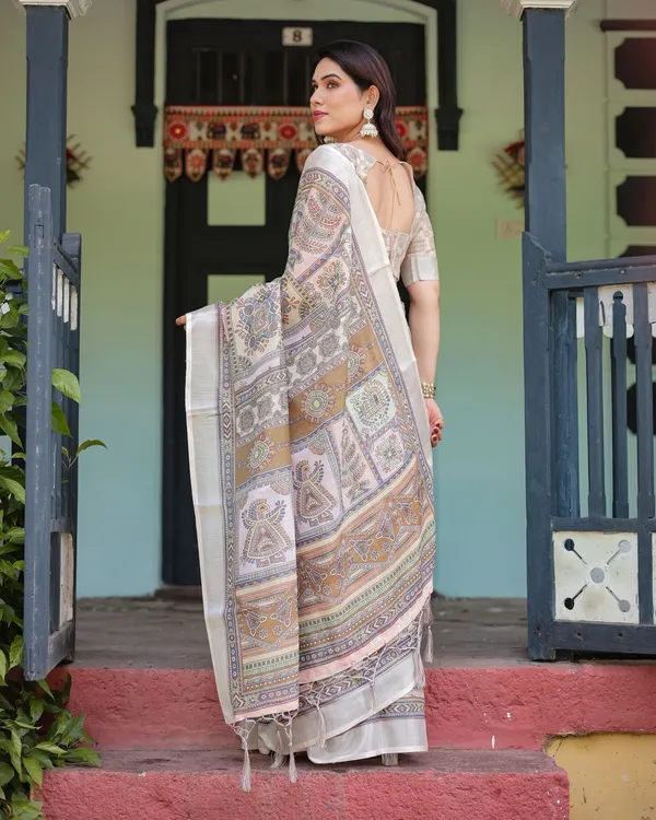 Pure Linen Beige Saree with Artistic Print & Designer Pallu