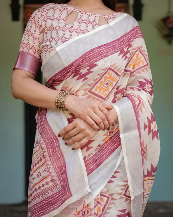 Off White Linen Saree with Tribal Prints & Designer Pallu