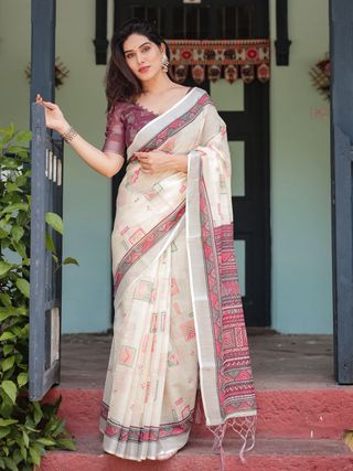Ivory Linen Saree with Geometric Prints & Designer Pallu