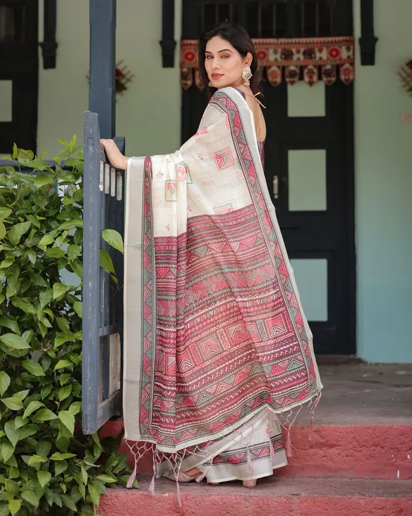 Ivory Linen Saree with Geometric Prints & Designer Pallu