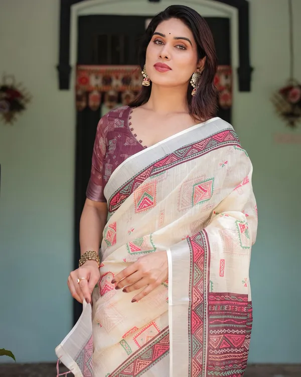 Ivory Linen Saree with Geometric Prints & Designer Pallu