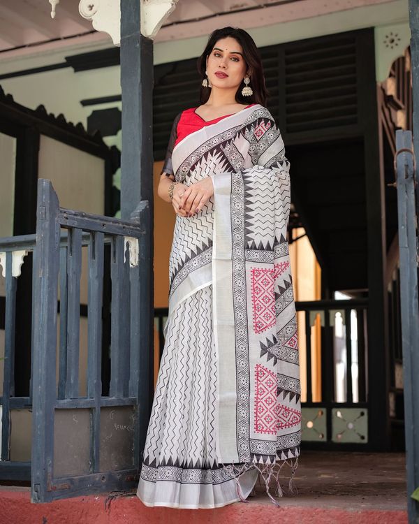 Monochrome Magic Linen Saree with Bold Red Touch