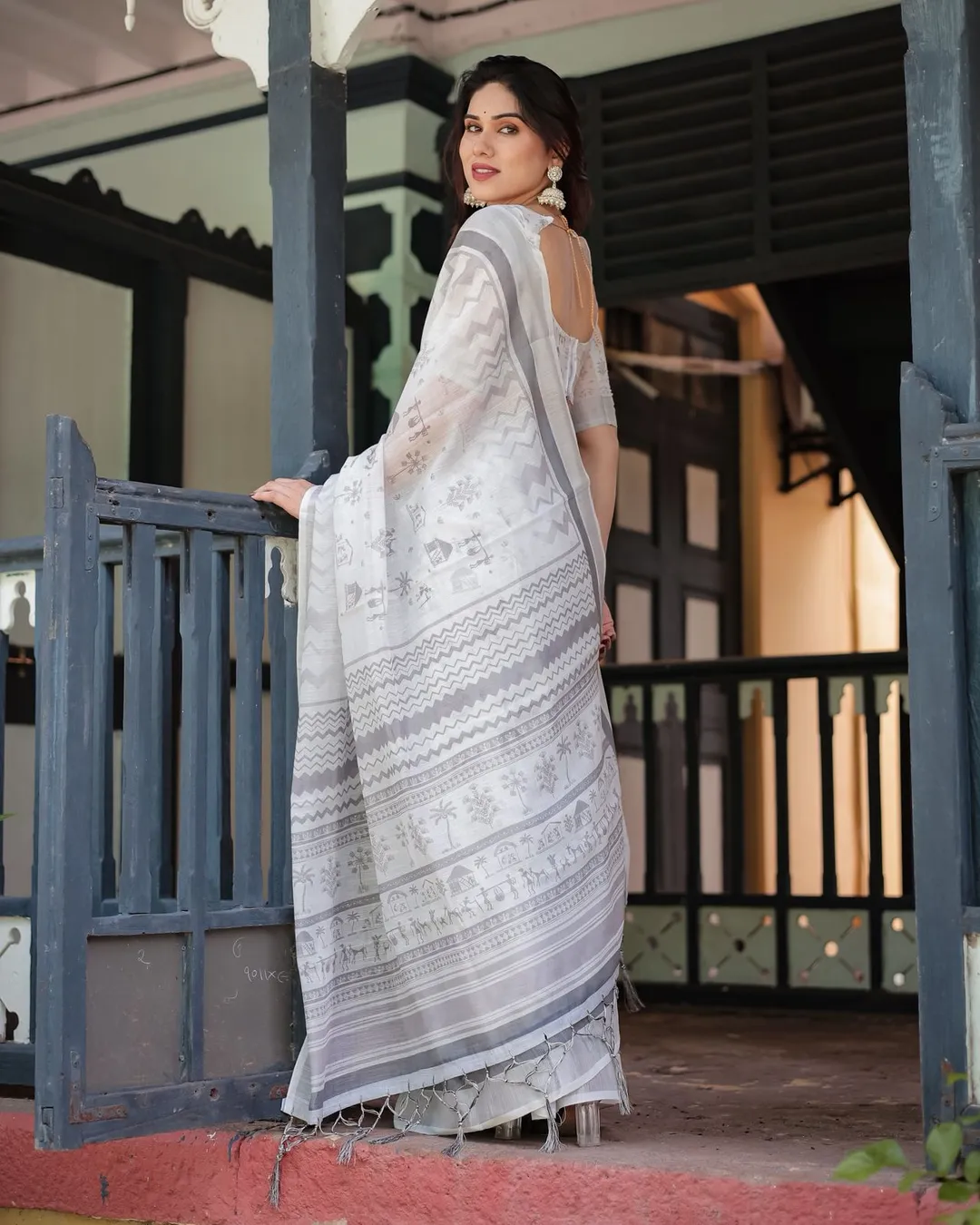 Soft White Linen Saree with Grey Tribal Design