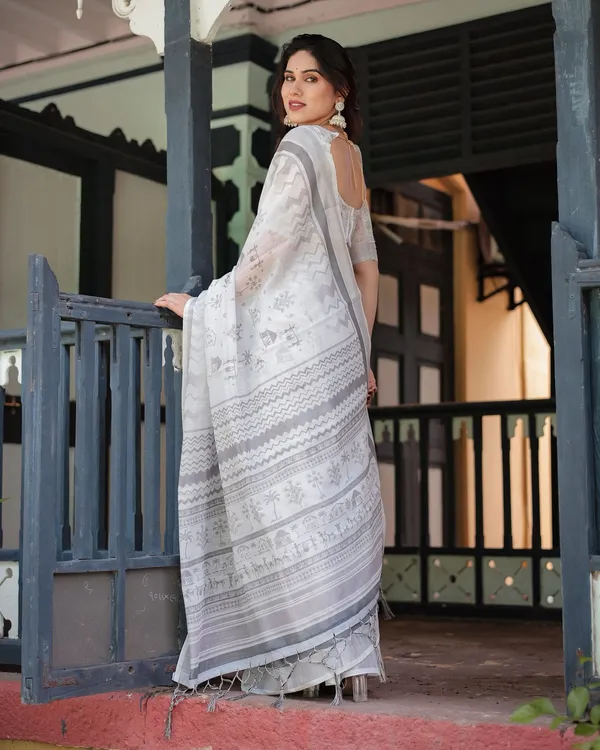 Soft White Linen Saree with Grey Tribal Design