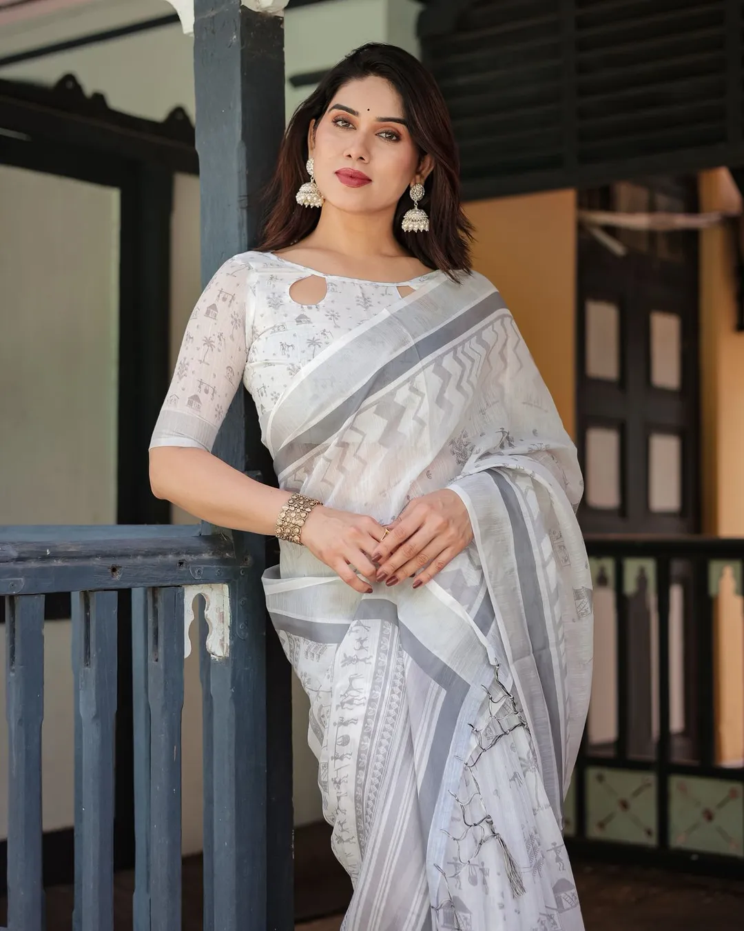 Soft White Linen Saree with Grey Tribal Design