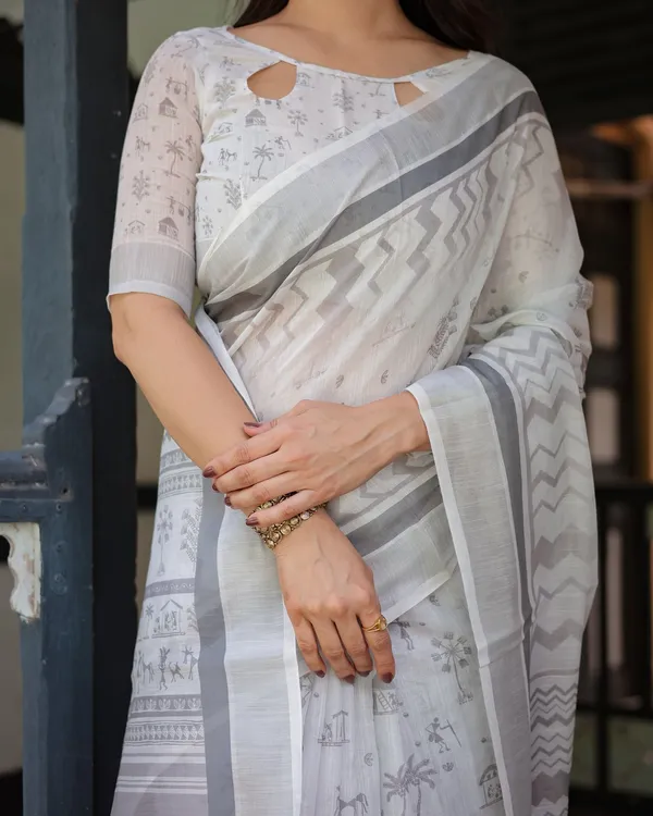 Soft White Linen Saree with Grey Tribal Design