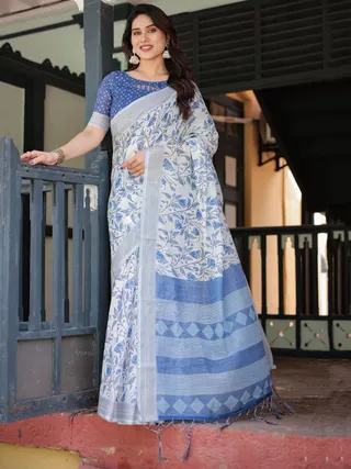 White Blue Floral Linen Saree with Elegant Print