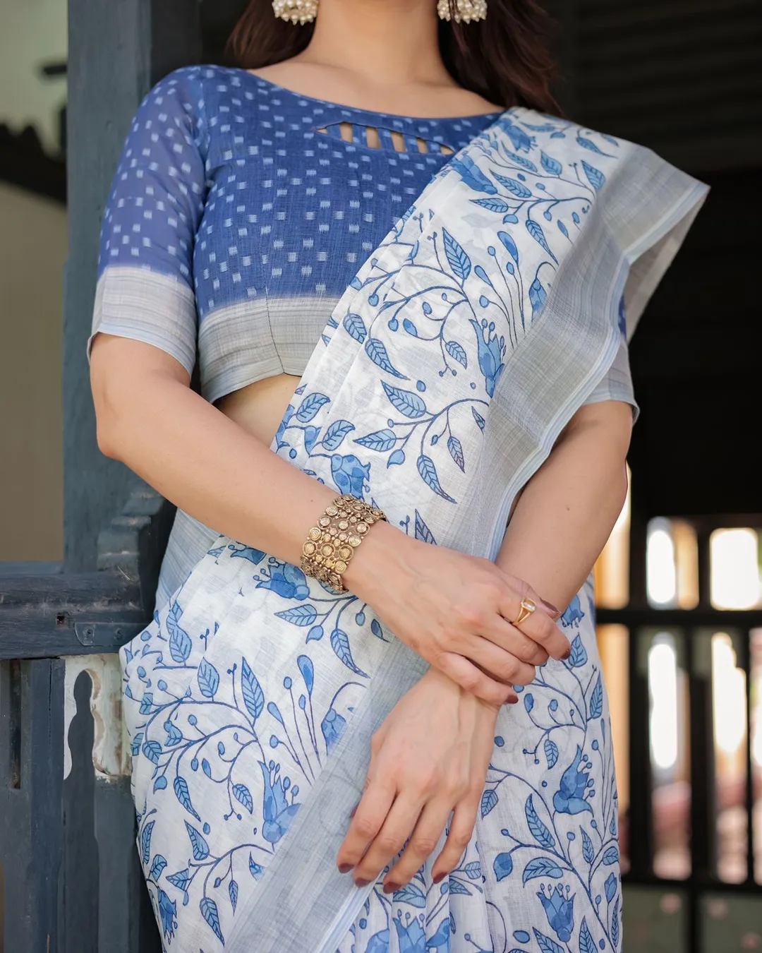 White Blue Floral Linen Saree with Elegant Print