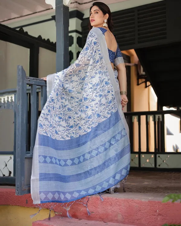 White Blue Floral Linen Saree with Elegant Print