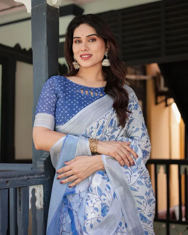 White Blue Floral Linen Saree with Elegant Print