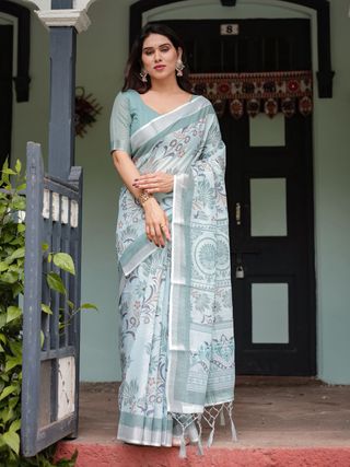 Pastel Green Linen Saree with Elegant Floral Print
