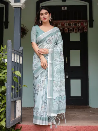 Pastel Green Linen Saree with Elegant Floral Print