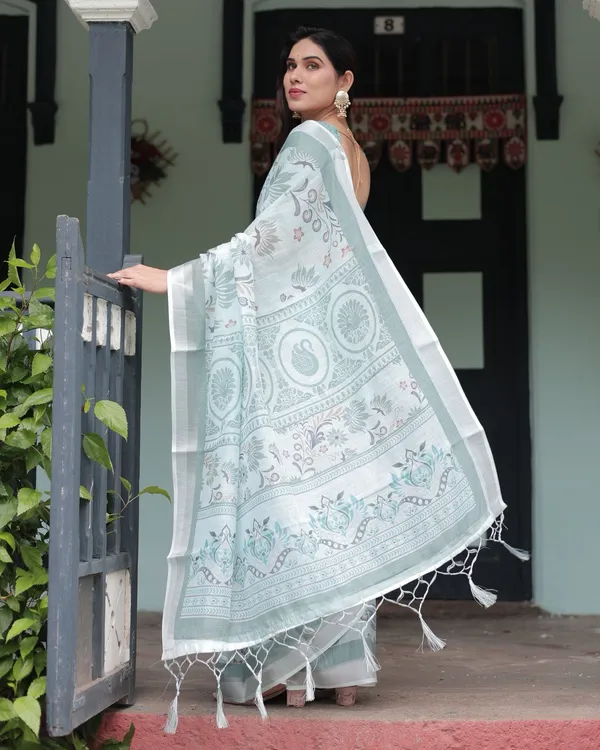 Pastel Green Linen Saree with Elegant Floral Print