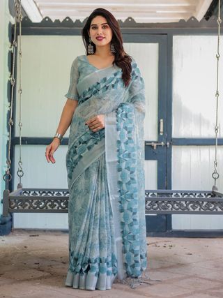 Pastel Blue Linen Saree with Geometric Floral Print