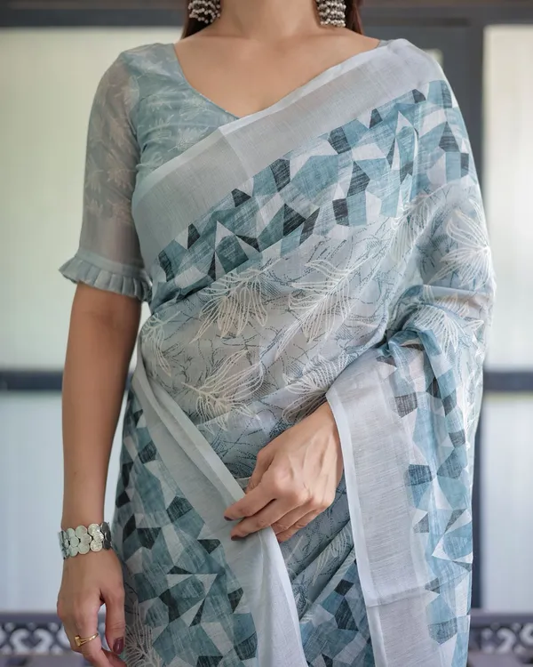 Pastel Blue Linen Saree with Geometric Floral Print
