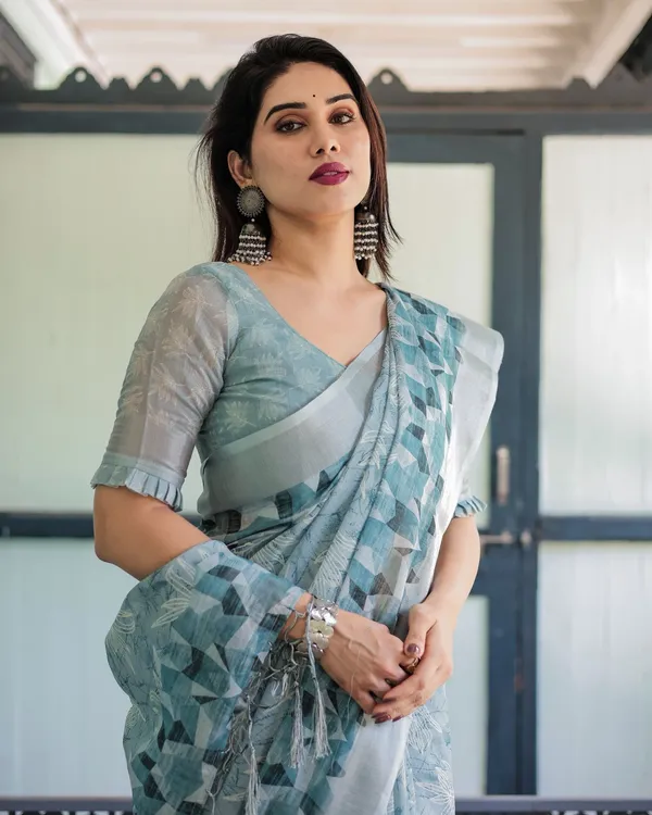 Pastel Blue Linen Saree with Geometric Floral Print
