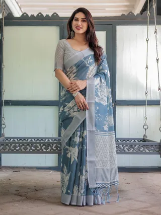 Blue Floral Linen Saree with Elegant White Prints