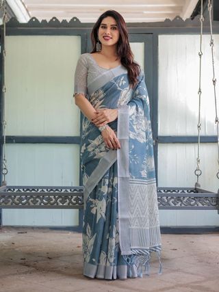Blue Floral Linen Saree with Elegant White Prints