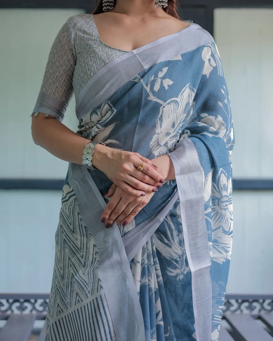 Blue Floral Linen Saree with Elegant White Prints