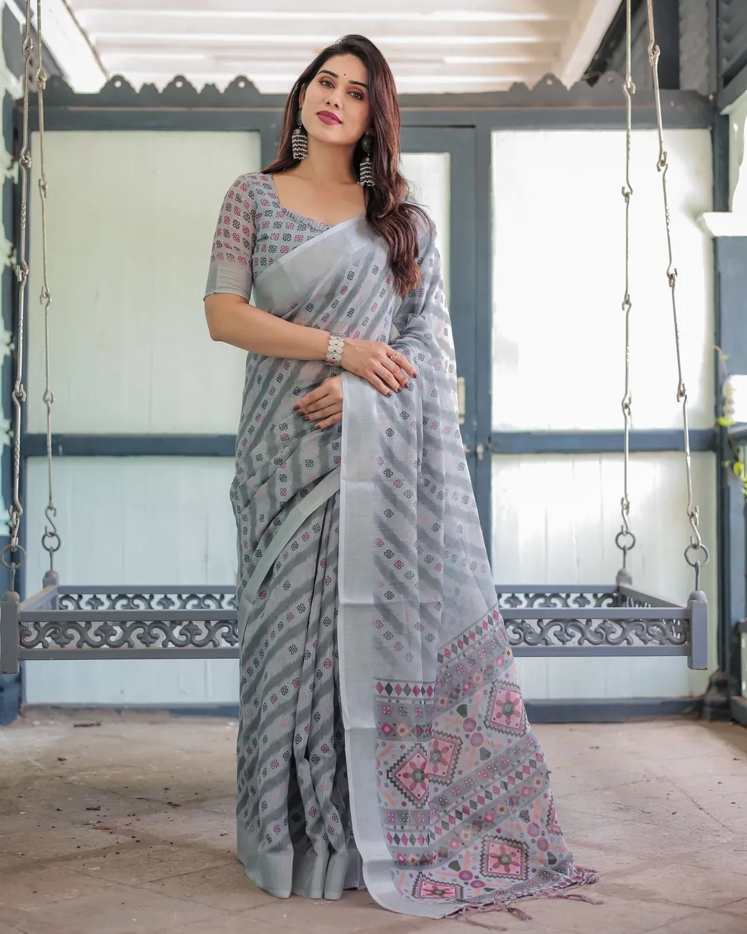 Grey Ikat Print Linen Saree with Elegant Design