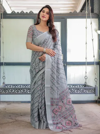 Grey Ikat Print Linen Saree with Elegant Design
