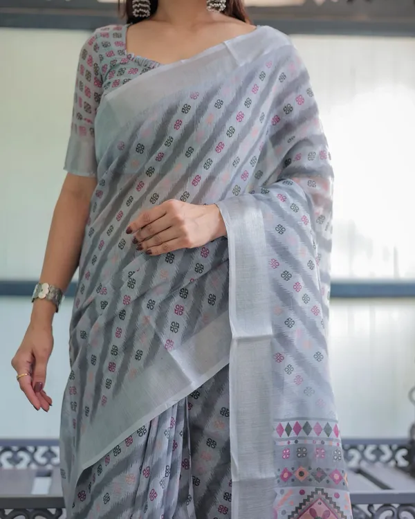Grey Ikat Print Linen Saree with Elegant Design