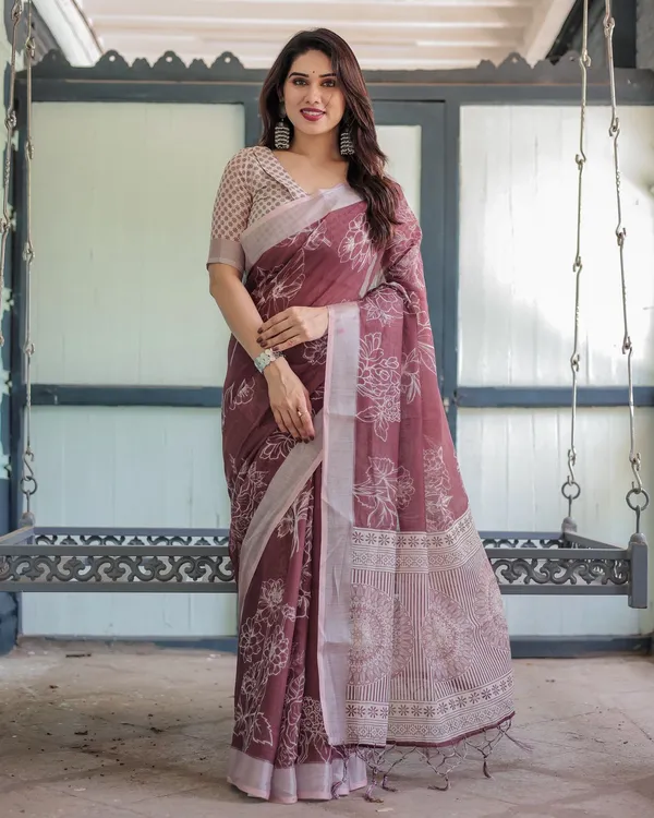 Maroon Floral Linen Saree with Elegant Printed Design
